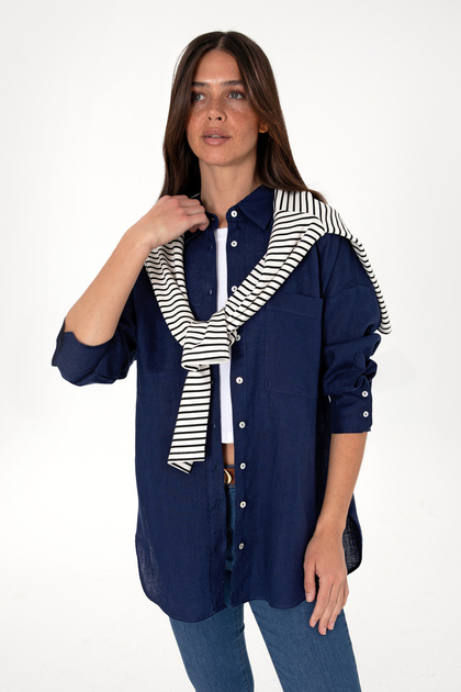 Women's Navy Blue Long Sleeve Linen Tunic Shirt 50299794-Vr033