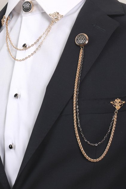 Siyah Desenli Gold Yaka Broş Seti – Zincirli 3’lü Erkek Aksesuar (BRS13)