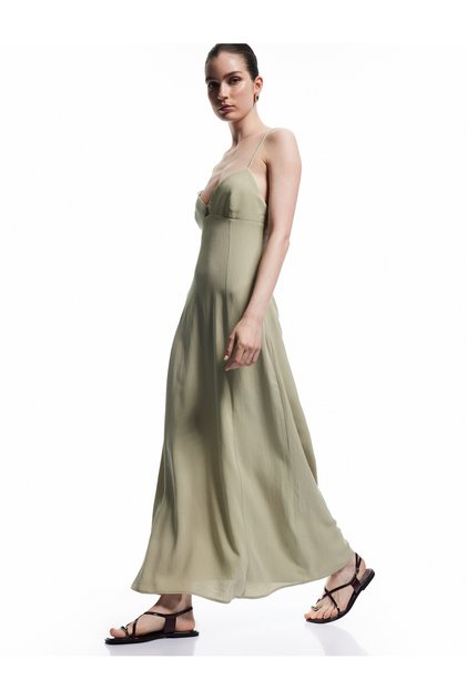 Viscose Linen Blend A-Line Cutout Sweetheart Neckline Slim Strap Long Dress