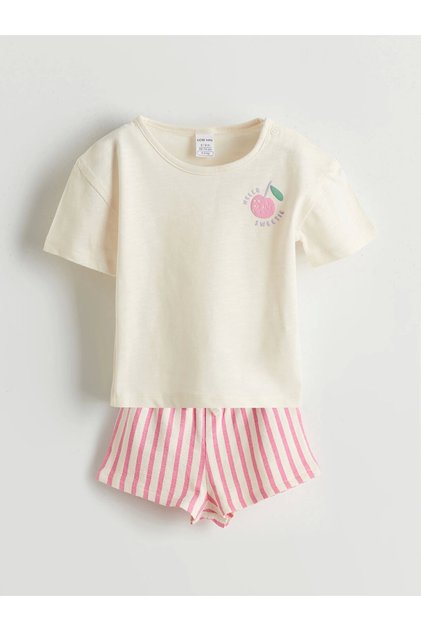 Lcw Baby Beige Printed Baby Girl T-Shirt and Striped Shorts 2-Pack