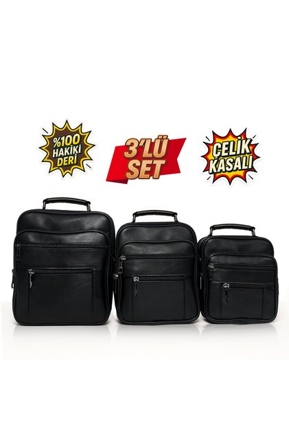 Men's Black Steel Case Genuine Leather Hand and Shoulder Bag Set of 3 with Adjustable Strap