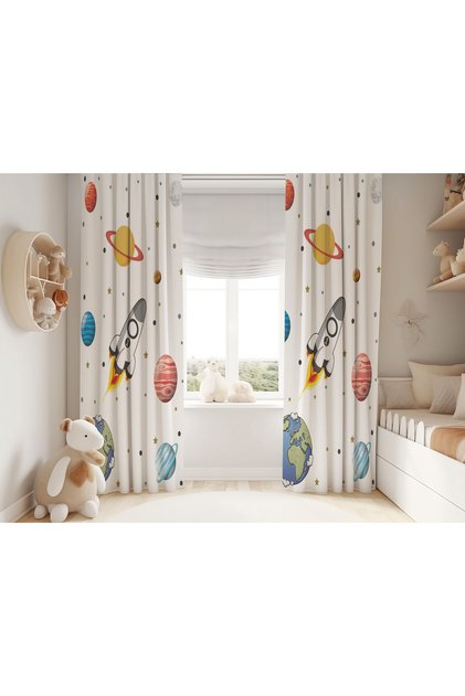 Space Rocket Theme Children's Background Curtain
