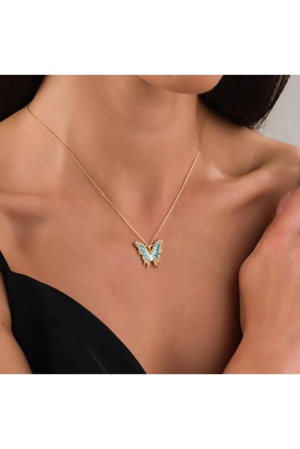 Elegant Butterfly Steel Necklace – Gold Color Necklace with Turquoise Zircon Stone