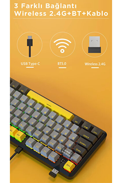 Coverzone Ajazz K870T Pro Kablosuz Hot Swap Mekanik Oyun Klavyesi