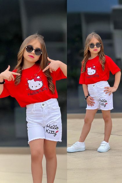 Mini Girl's Cicileri Hll Kty Printed Denim Shorts Girl's 2-Piece Set - Red