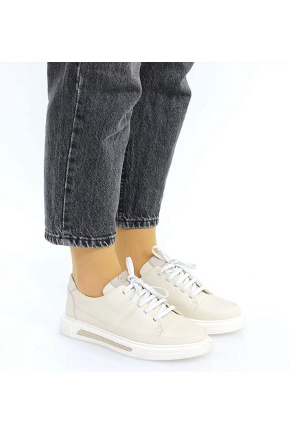 D25Ya-3525 Rubber Lace Khaki Leather Sneaker Sports Shoes for Women
