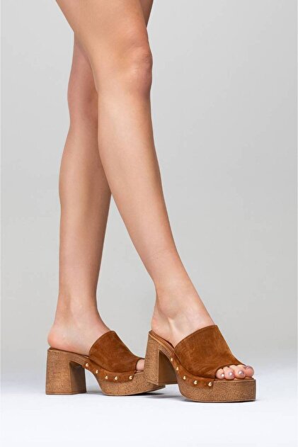 taku様 Genel Markalar Kadın Hakiki Deri Takunya Terlik 6318 TABA SÜET