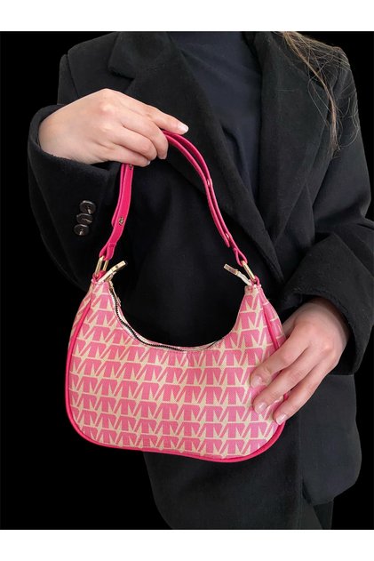Women's Pink Jacquard Patterned Baguette Hand and Shoulder Bag