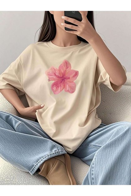 Women's Pink Floral Printed Combed Cotton Oversize T-Shirt