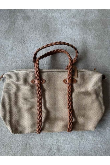 Wicker Travel Bag with Knitted Leather Handle Brown