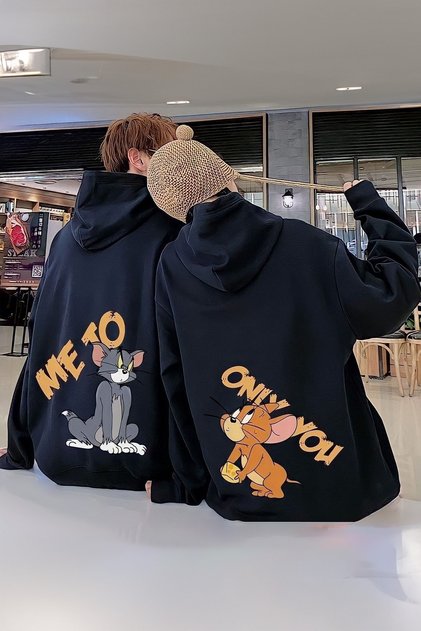 Tom And Jerry Me To Only You Dear Couple Combination - Black Printed Oversize Hooded Sweatshirt
