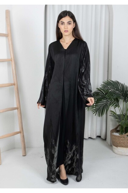 Black Self-Print Abaya with Sheila