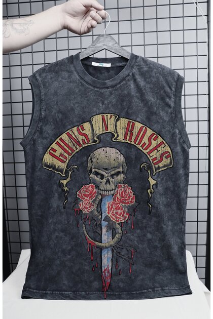 Guns N' Roses Baskılı Yıkamalı Kolsuz Tişört, Unisex Rock Band Temalı Sıfır Kollu Retro Atlet