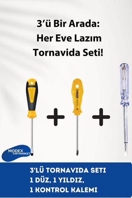 3'lü Tornavida Seti – 1 Düz, 1 Yıldız, 1 Kontrol Kalemi | Pratik ve Dayanıklı
