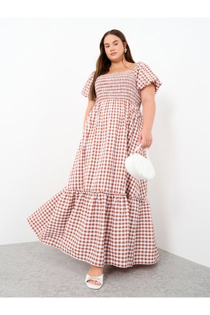 Plus Size Gingham Print Puff Sleeve Maxi Dress