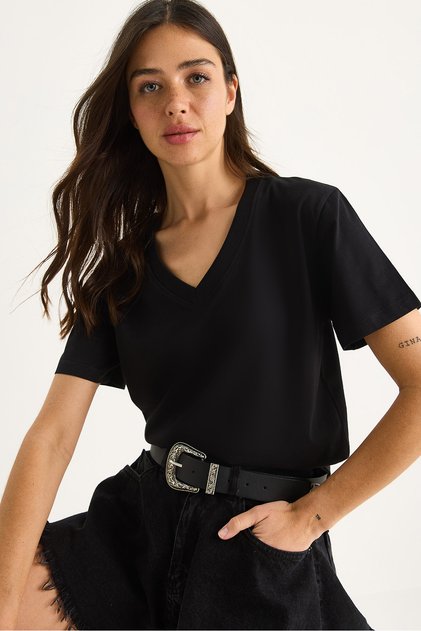 Kadın Siyah %100 Organik Pamuk Derin V Yakalı Comfort Fit T-Shirt 60602066
