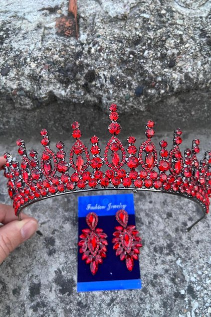 Abrienda Red Bridal Henna Crown Special Occasion Accessory Women's Crown and Thin Shuttle Earring Set