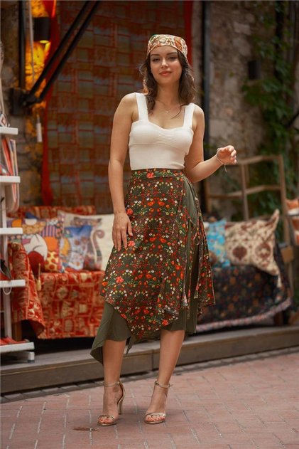 Green Color Tie Detail Casual Skirt with Elastic Waist