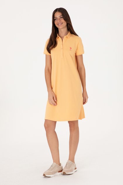 Women's Orange Polo Neck Mini Length Knitted Dress 50300881-Vr202