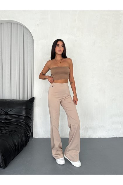 Kadın Krem Yandan Fermuarlı Yüksel Bel Dokuma Kumaş Palazzo Pantolon