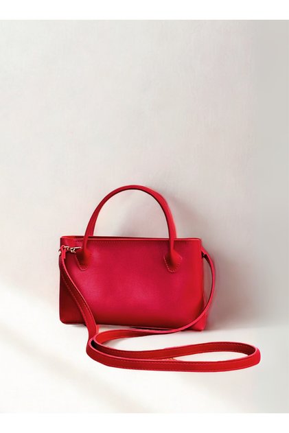 Women's Zippered Long Handle Red Baguette Hand and Shoulder Bag