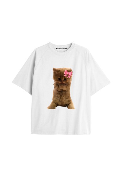 Y2K Vintage Cats Printed White T-Shirt Kod 14