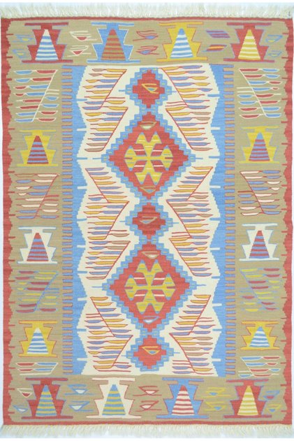 Uşak Wool Hand Woven Green, Blue and Red Color Rug 90X120 cm (1.08 m²)