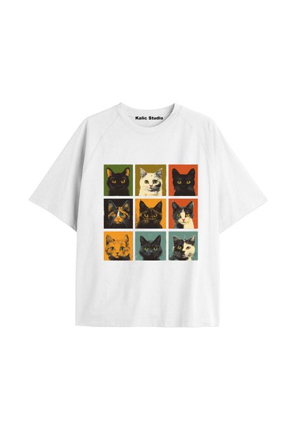 Y2K Vintage Cats Printed White T-Shirt Kod 12