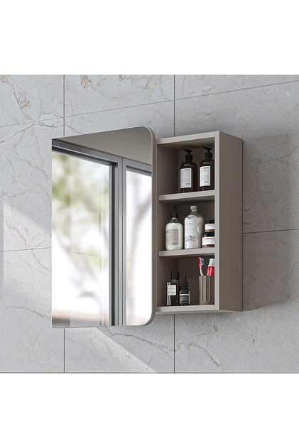 Likya Kulpsuz Tek Kapaklı Açık Raflı Aynalı Mdflam 70 Cm Aynalı Banyo Üst Dolabı