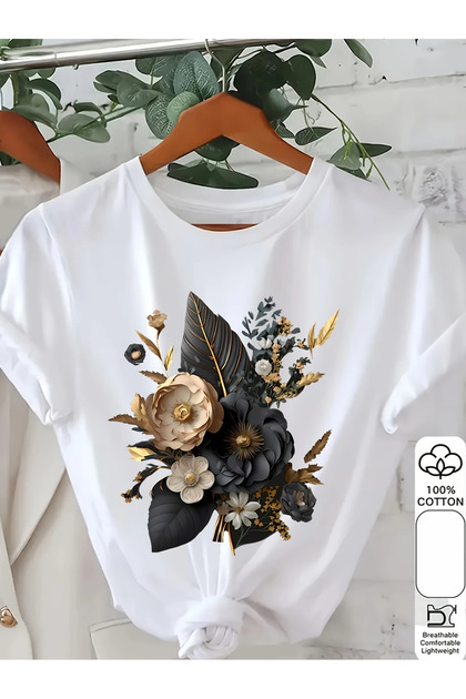 Cotton Oversize Floral Printed Short Sleeve Crew Neck Comfortable Casual T-Shirt