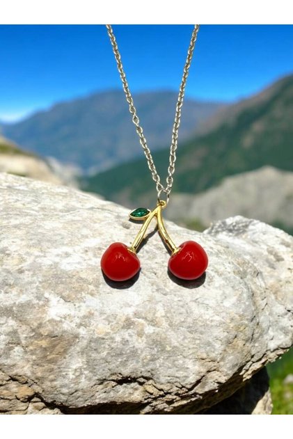 Women's Cherry Figured Necklace – Colorful Trend Jewelry Model - 60 cm Chain