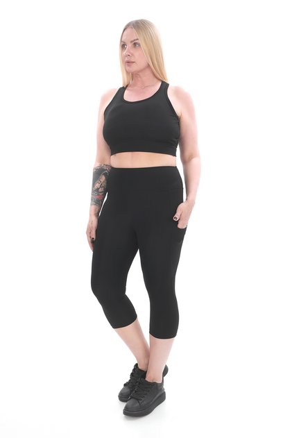 Curve Women's Plus Size Gathering Double Pocket Black Capri Leggings Pad Crop Double Suit