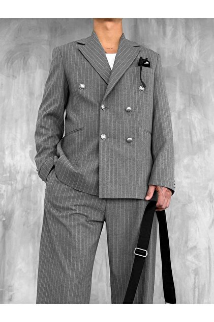 ablukaonline Men's Striped Oversize Double Breasted Suit Gray