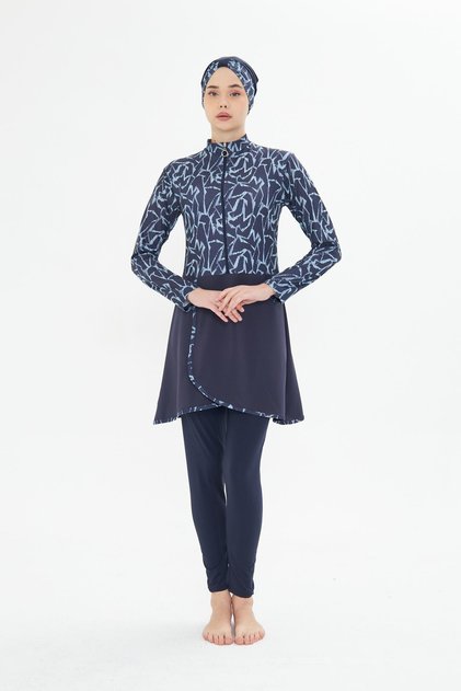 Full Covered Lycra Patterned Skirted Hijab Swimsuit Navy Blue 3482-L