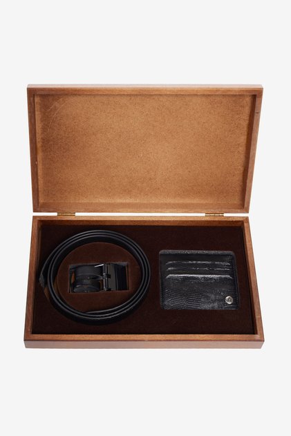 Men's Black Special Wooden Belt with Gift Box - Card Holder Accessory Set Groom's Pack