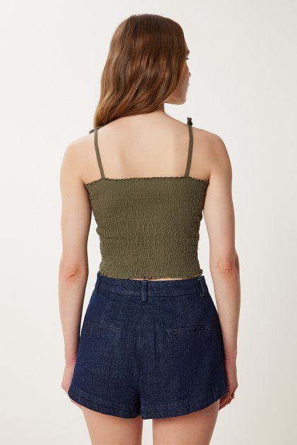 Women's Khaki Mustard 2 Pack Strap Flexible Crop Knitted Blouse Wf00157