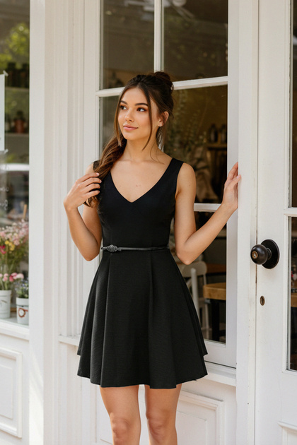 Trendyol Collection Black Skater/Waist Opening V-Neck Mini Knitted Dress  Twoss25El00358- Trendyol