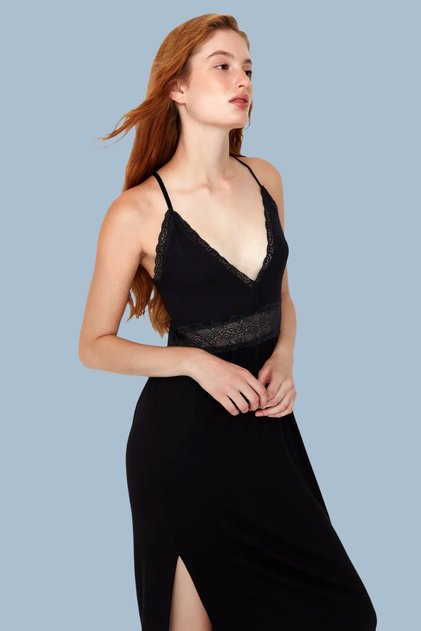 Black Lace Back Detail and Slit Detail Spaghetti Strap Knitted Nightgown THMAW20GC0001