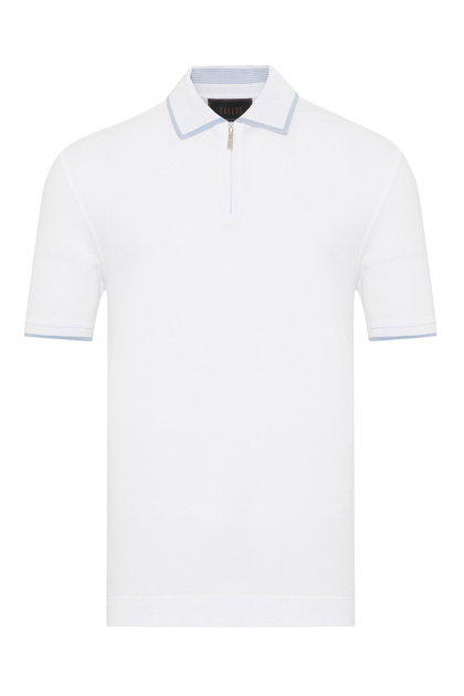 White Zippered Polo Neck Pique Mercerized Regular Fit T-Shirt