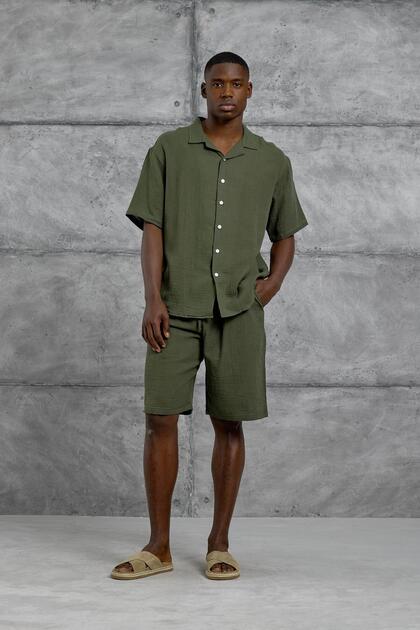 Men's Shirt Nmrc Muslin Short Sleeve Khaki Oversize