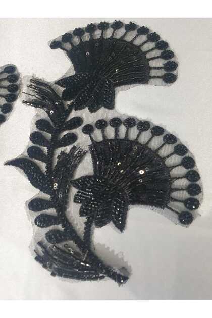 Black Bead Embroidered Brode Guipure Applique Sewing Accessory 2 Pieces