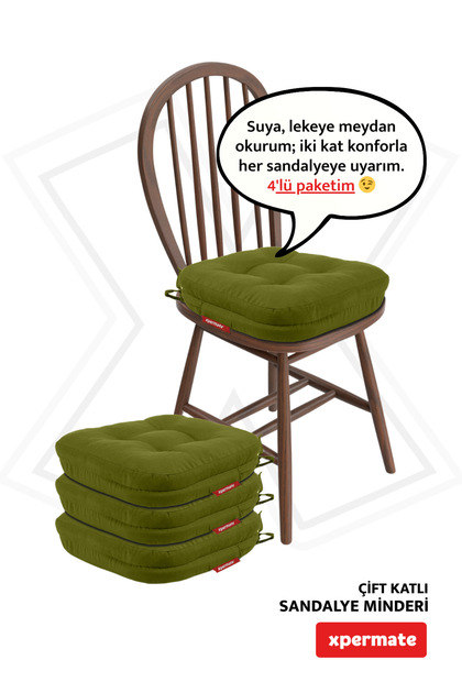 4’lü Sandalye Minderi 42x42x8 cm Kalın Çift Kat Pofuduk Fermuarlı Leke Tutmaz Yeşil