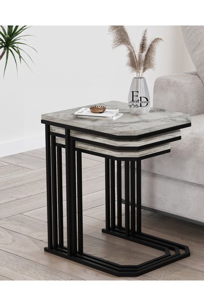 Nesting Table , Lyon 3-Piece C Nesting Table Set , Black Metal - White Marble Top