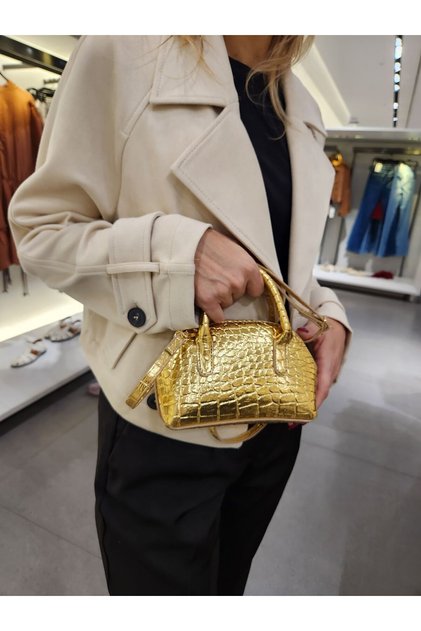 Stores Kadın Parlak Mini Kroko Desen Fermuaralı Kısa ve Uzun Askılı El, Omuz Çantası