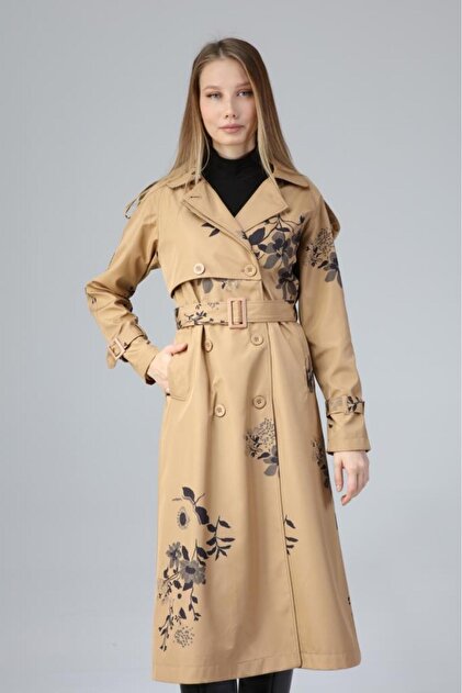 Jamila Floral Patterned Lined Long Women's Trench Coat- Trendyol