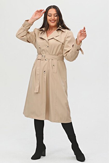 Jamila Long Plus Size Women's Lined Trench Coat - Trendyol