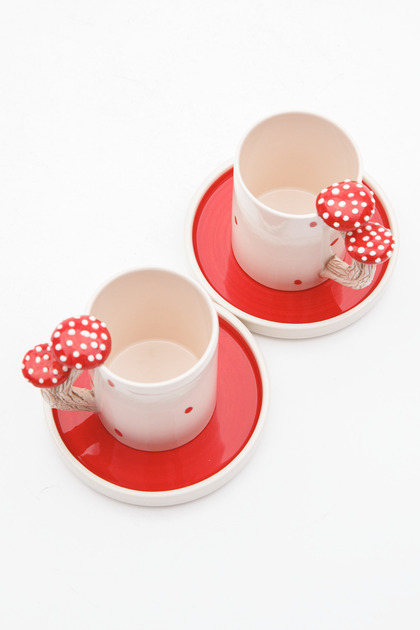 Mushroom Figured 4-Piece Handmade Ceramic Coffee Cup Set for 2 People