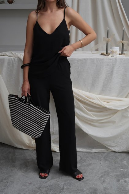 Set de pantaloni largi pentru femei Shay Black Ayrobin, cu bretele din frânghie, sezon nou de vară