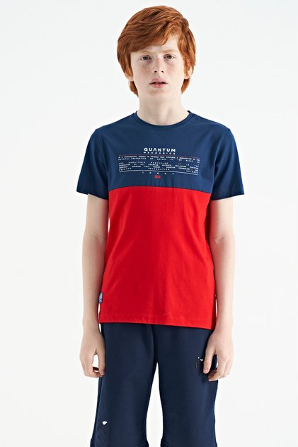 Red Text Printed Color Block Standard Fit O-Neck Boy's T-Shirt - 11134