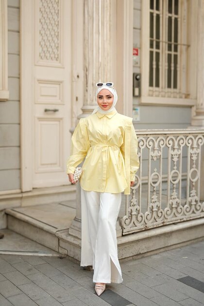 未使用✨PATRIZIA PEPEタグ付きlime yellowスリットブラウス Neva Style Düğmeli Yağ Yeşili Tesettür İkili Takım 67751YY